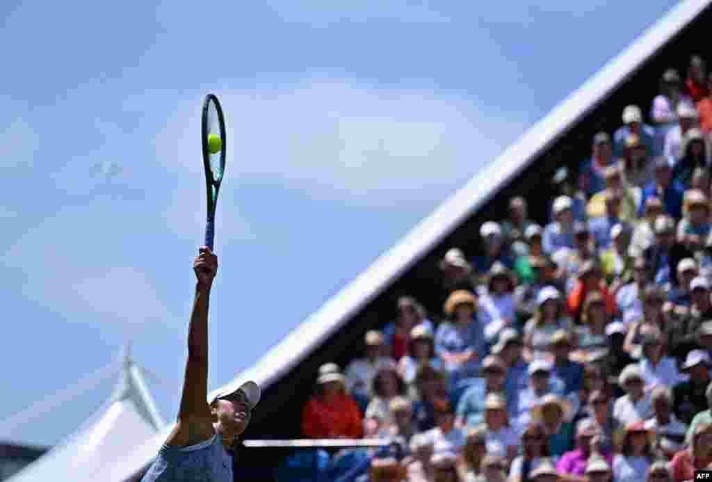 U.S.'s Madison Keys serves to Canada's Leylah Fernandez during their women's singles semi-final tennis match at the Rothesay Eastbourne International tennis tournament in Eastbourne, southern England.