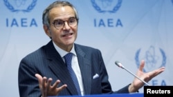 FILE — On Saturday, the United Nations' nuclear watchdog chief Rafael Grossi, pictured at an IAEA press conference on Sept. 11, 2023, press conference in Vienna, condemned Iran's "unprecedented" move to bar inspectors from the country.
