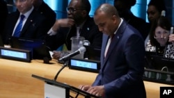 Somalia's Prime Minister Hamza Abdi Barre addresses the United Nations Sustainable Development Forum, Sept. 18, 2023.