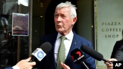Bernard Collaery, lawyer for Alexander Csergo, speaks to media outside the Downing Centre Local Court in Sydney, Monday, April 17, 2023.
