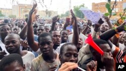 Supporters of mutinous soldiers demonstrate in Niamey, Niger, on July 27, 2023. 