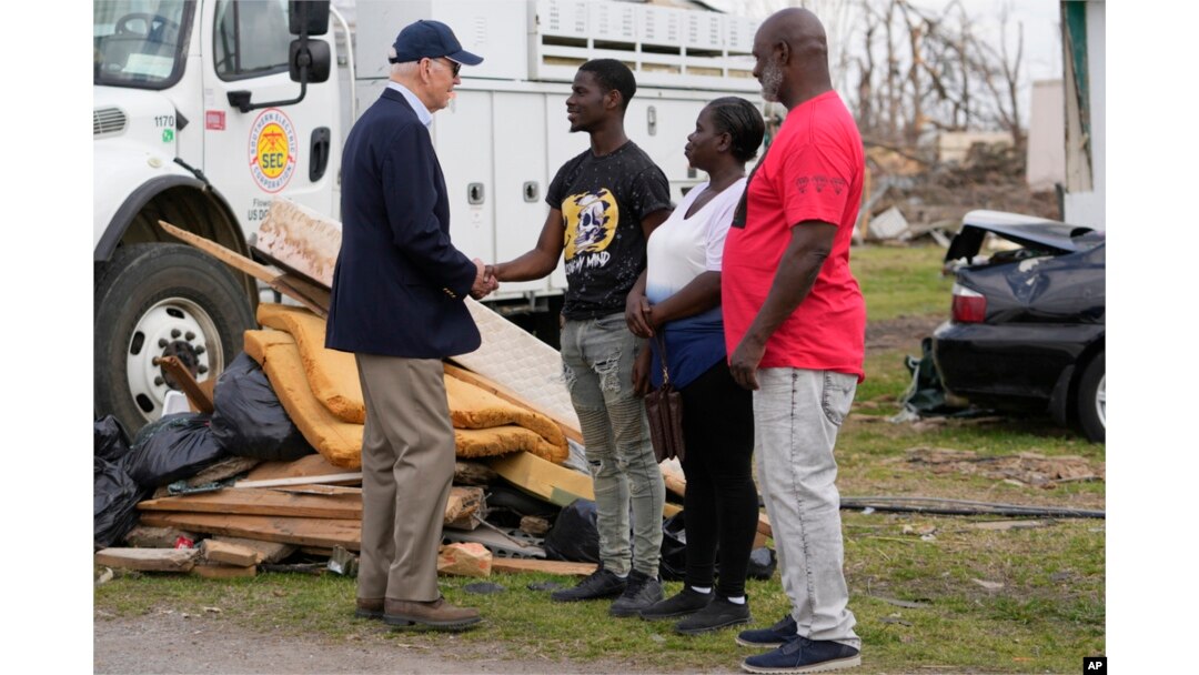 President Joe Biden speaks with those impacted by last week's deadly tornado and severe storm in Rolling Fork, Mississippi, March 31, 2023.