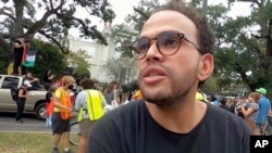 In this image taken from video, Islam Elrabieey, a visiting scholar at Tulane University, is interviewed in New Orleans after taking part in a pro-Palestinian march, Nov. 9, 2023.