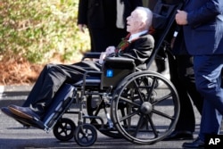 FILE — Former U.S. President Jimmy Carter departs after attending the funeral service for his wife, former first lady Rosalynn Carter, at Maranatha Baptist Church, in Plains, Georgia, Nov. 29, 2023.