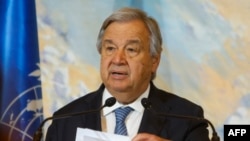 FILE - U.N. Secretary-General Antonio Guterres, shown addressing global envoys during talks on Afghanistan in Doha on May 2, 2023, launched the Doha process to try to establish a coherent, unified approach to engagement with the Taliban government.