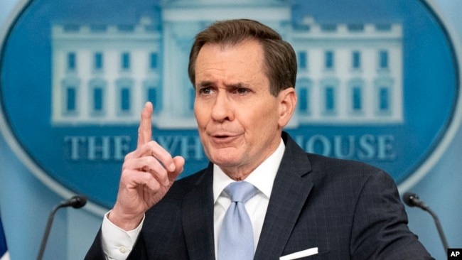 White House national security spokesperson John Kirby speaks during a press briefing at the White House in Washington, Feb. 12, 2024.