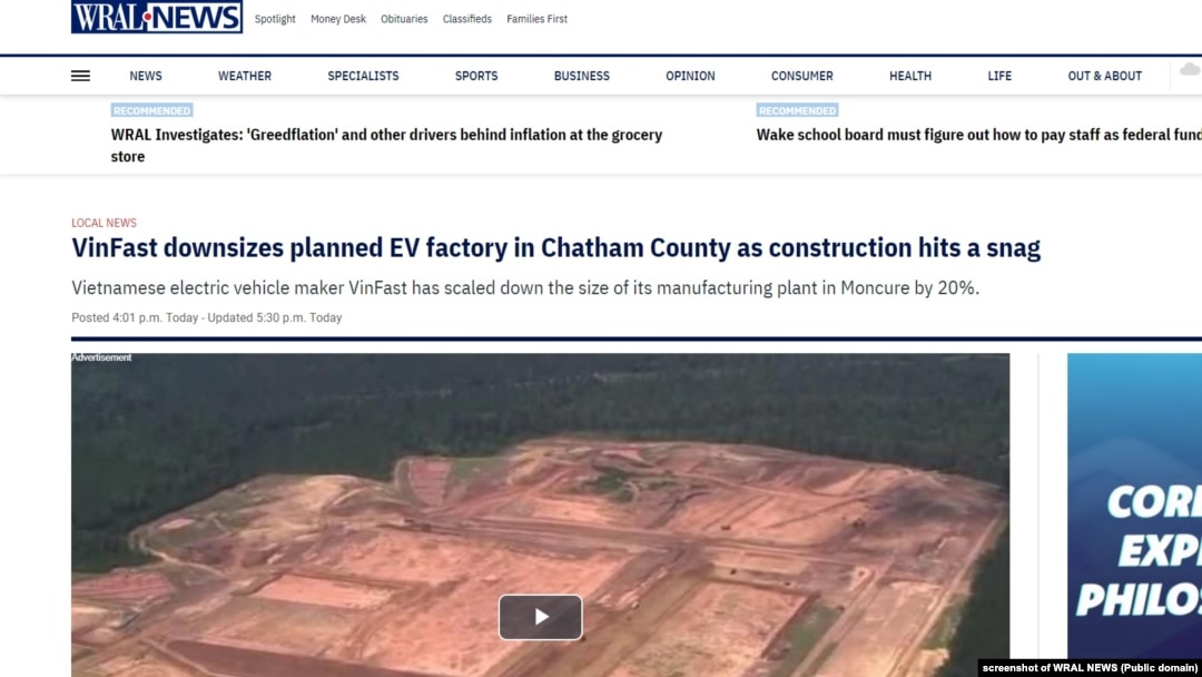 Trang tin tức WRAL ở bang North Carolina, Mỹ, đưa tin về dự án nhà máy VinFast bị đình trệ, 17/4/2024.