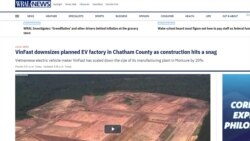 Trang tin tức WRAL ở bang North Carolina, Mỹ, đưa tin về dự án nhà máy VinFast bị đình trệ, 17/4/2024.