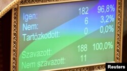 The results of the voting of the ratification of Finland's NATO membership are pictured in Budapest, Hungary, March 27, 2023.