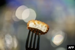 FILE - A nugget made from lab-grown chicken meat is seen during a media presentation in Singapore, the first country to allow the sale of meat created without slaughtering any animals, on Dec. 22, 2020.