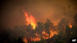 Flames rise during a forest fire on the island of Rhodes, Greece, July 22, 2023.