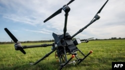 An Argos intercepter drone is seen during a Counter Unmanned Aircraft Systems (C-UAS) exercise in Vredepeel, Netherlands, on Sept. 20, 2023. 