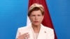 Latvian Foreign Minister Baiba Braze speaks to reporters in Berlin, July 1, 2024. Braze told VOA in an interview on the eve of the NATO summit in Washington that "it's time to lift all the restrictions on the military aid that we provide" to Ukraine.