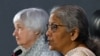 India's Finance Minister Nirmala Sitharaman (R) speaks next to US Treasury Secretary Janet Yellen during a joint statement with U.S., at the Mahatma Mandir in Gandhinagar on July 17, 2023.
