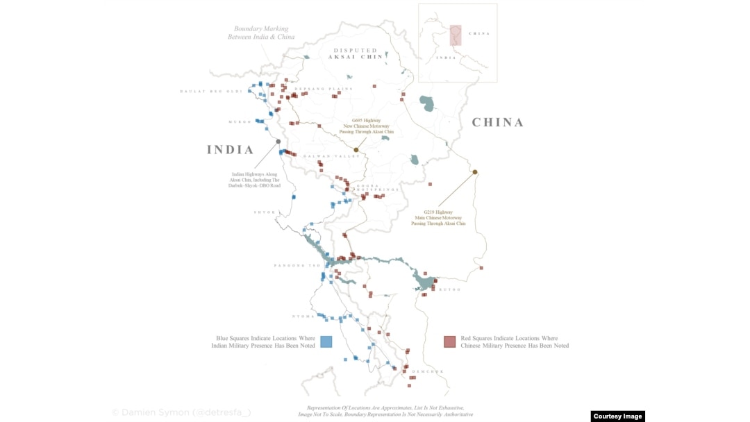 A map illustrating the military deployments near the disputed area along the India-China border (Courtesy Damien Symon: @detresfa_)