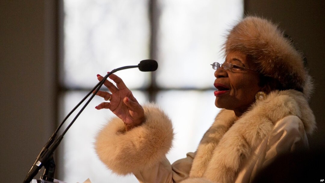 FILE - Christine King Farris, sister of the Rev. Martin Luther King Jr., speaks at the King holiday commemorative service at Ebenezer Baptist Church, Jan. 19, 2015, in Atlanta. Farris died June 29, 2023, at age 95. 