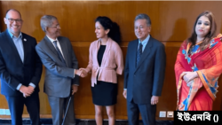 গুলশানের ওয়েস্টিন হোটেলে মির্জা ফখরুল ইসলাম আলমগীর, পিটার হাস, আফরিন আখতার, আমীর খসরু মাহমুদ চৌধুরী ও শামা ওবায়েদ। ২৪ ফেব্রয়ারি, ২০২৪।