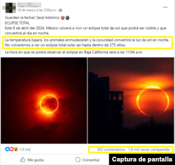 Captura de pantalla de desinformación en Facebook.