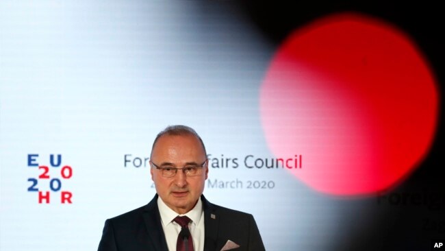 FILE - Croatia's foreign minister Gordan Grlic-Radman speaks during a press conference in Zagreb, March 6, 2020.