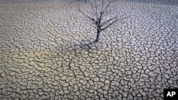 FILE - The cracked earth of the Sau reservoir is visible north of Barcelona, Spain, March 20, 2023. Climate scientists blame human-caused warming from fossil fuel use and an El Nino warming of parts of the Pacific for record global heat.