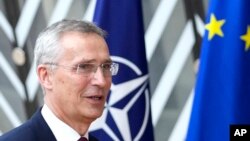 FILE - NATO Secretary General Jens Stoltenberg arrives for an EU summit at the European Council building in Brussels, June 29, 2023. NATO, on July 4, 2023, extended Stotenber's command for another year. 