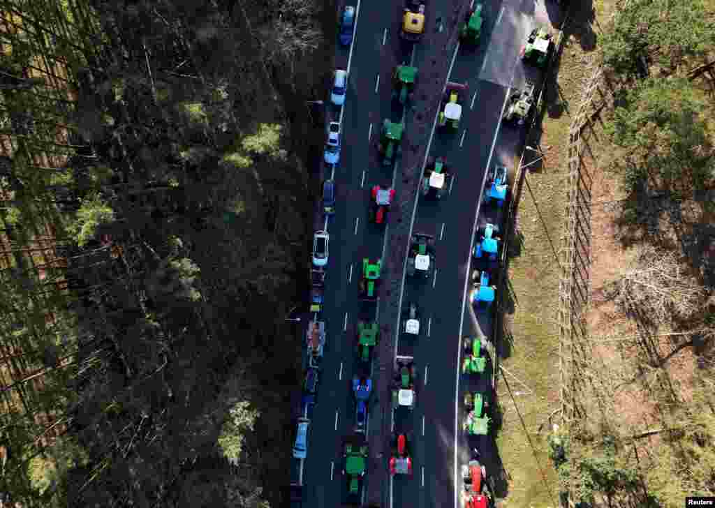 A drone photo shows Polish farmers blocking the A2 motorway to protest over price pressures, taxes and green regulation, grievances shared by farmers across Europe, close to the Polish-German border, near Swiecko.