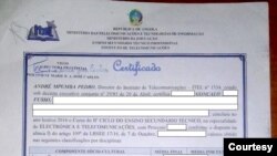 Certificado Gonçalo Fusso passado pelo Instituto de Telecomunicações em Luanda em 2020