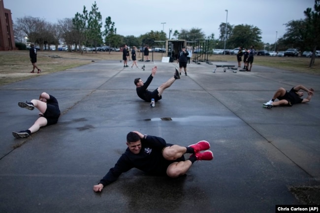 Army Staff Sgt. Daniel Murillo in physical training at Ft. Bragg on Wednesday, Jan. 18, 2023, in Fayetteville, North Carolina. (AP Photo/Chris Carlson)