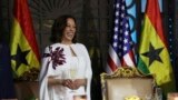 Vice President Kamala Harris laughs during a state banquet in Accra, March 27, 2023. Harris is on a seven-day African visit that will also take her to Tanzania and Zambia. 