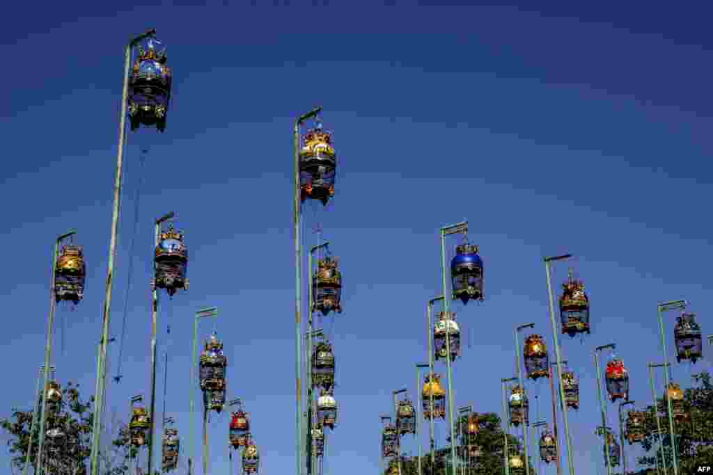 Turtle dove birds in cages participate in a songbird competition in Makassar, South Sulawesi, Indonesia.