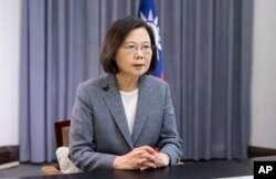 Taiwan's President Tsai Ing-wen speaks about recent Chinese military drills in Taipei, Taiwan on Tuesday, April 11, 2023. (Taiwan Presidential Office via AP)