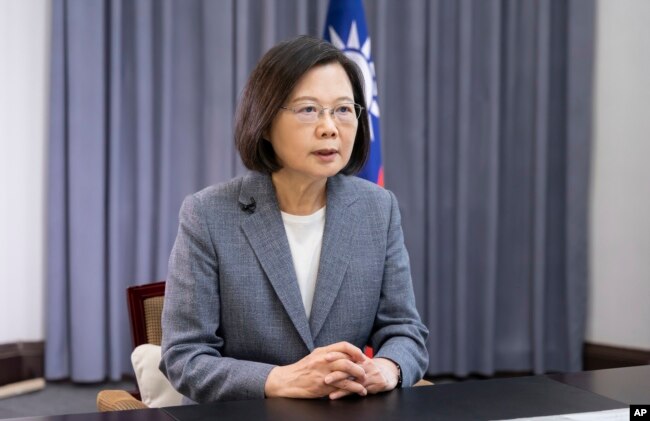 Taiwan's President Tsai Ing-wen speaks about recent Chinese military drills in Taipei, Taiwan on Tuesday, April 11, 2023. (Taiwan Presidential Office via AP)