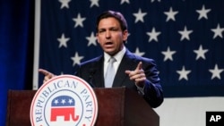 FILE - Florida Gov. Ron DeSantis, a candidate for the 2024 Republican presidential nomination, speaks at the Republican Party of Iowa's 2023 Lincoln Dinner in Des Moines, Iowa, July 28, 2023.