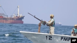 Somalia maritime police from PMPF patrol in the Gulf of Aden off the coast of semi-autonomous Puntland State in Somalia, Nov. 26, 2023.