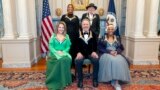 Clockwise from left, 2023 Kennedy Center Honorees Queen Latifah, Barry Gibb, Renee Fleming, Billy Crystal and Dionne Warwick pose for a photo at the State Department following the Kennedy Center Honors gala dinner, Dec. 2, 2023, in Washington.