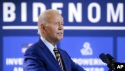 FILE - U.S. President Joe Biden speaks during a stop at a solar manufacturing company that's part of his "Bidenomics" rollout in West Columbia, South Carolina, July 6, 2023.