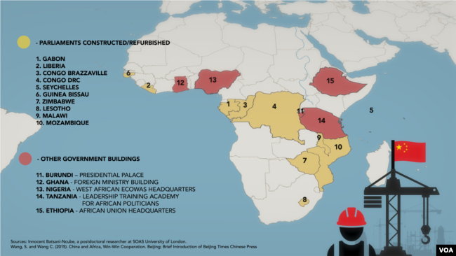 African parliaments and other government buildings constructed or refurbished by China.