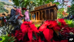 Visitors look at a replica of the Lincoln Memorial adorned with different varieties of poinsettias on display at the Smithsonian's U.S. Botanical Garden, Dec. 16, 2023, in Washington.