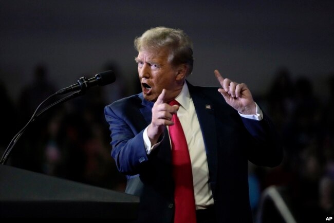 Republican presidential candidate Donald Trump speaks at a get-out-the-vote rally at Coastal Carolina University in Conway, S.C., Feb. 10, 2024.