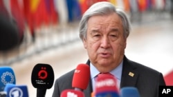 Antonio Guterres speaks with the media in Brussels, March 23, 2023. 