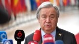 United Nations High Commissioner for Refugees Antonio Guterres speaks with the media as he arrives for an EU summit at the European Council building in Brussels, March 23, 2023. 