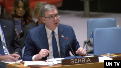 Predsednik Srbije Aleksandar Vučić govori na sednici Saveta bezbednosti UN u Njujorku 22. aprila 2024.