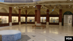 Exhibits detailing the history, art and scientific achievements of previous eras in the Arab world are on display in the tiled courtyard of the Arab American National Museum in Dearborn, Michigan, on February 29, 2024.