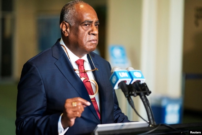 Ishmael Kalsakau, prime minister of Vanuatu, speaks after addressing delegates during a general assembly at United Nations Headquarters in New York City, March 29, 2023.