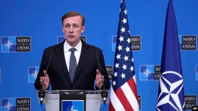United States National Security Advisor Jake Sullivan addresses a media conference at NATO headquarters in Brussels, Feb. 7, 2024.