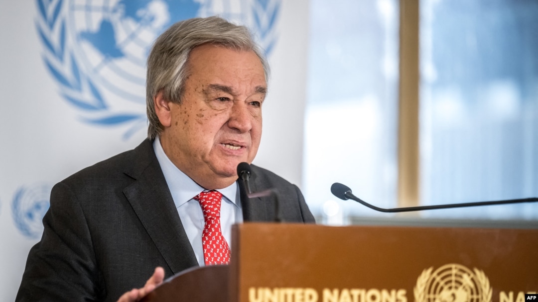 U.N. Secretary-General Antonio Guterres speaks to the press at the opening of the 55th session of the Human Rights Council in Geneva, Switzerland, Feb. 26, 2024.