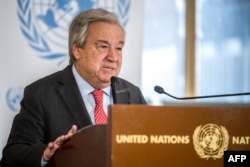 FILE - U.N. Secretary-General Antonio Guterres speaks to the press at the opening of the 55th session of the Human Rights Council in Geneva, Switzerland, Feb. 26, 2024.