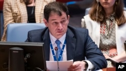 Russian Deputy Ambassador to the United Nations Dmitry Polyanskiy speaks during the UN Security Council meeting to discuss the maintenance of peace and security of Ukraine, July 21, 2023, at UN headquarters. 