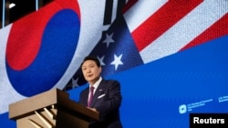 지난달 미국을 방문한 윤석열 한국 대통령이 워싱턴 상공회의소에서 열린 첨단산업 포럼에서 연설했다.