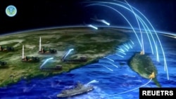 资料照：中国解放军东部战区发布的围岛导弹袭击模拟动画。(2023年4月)